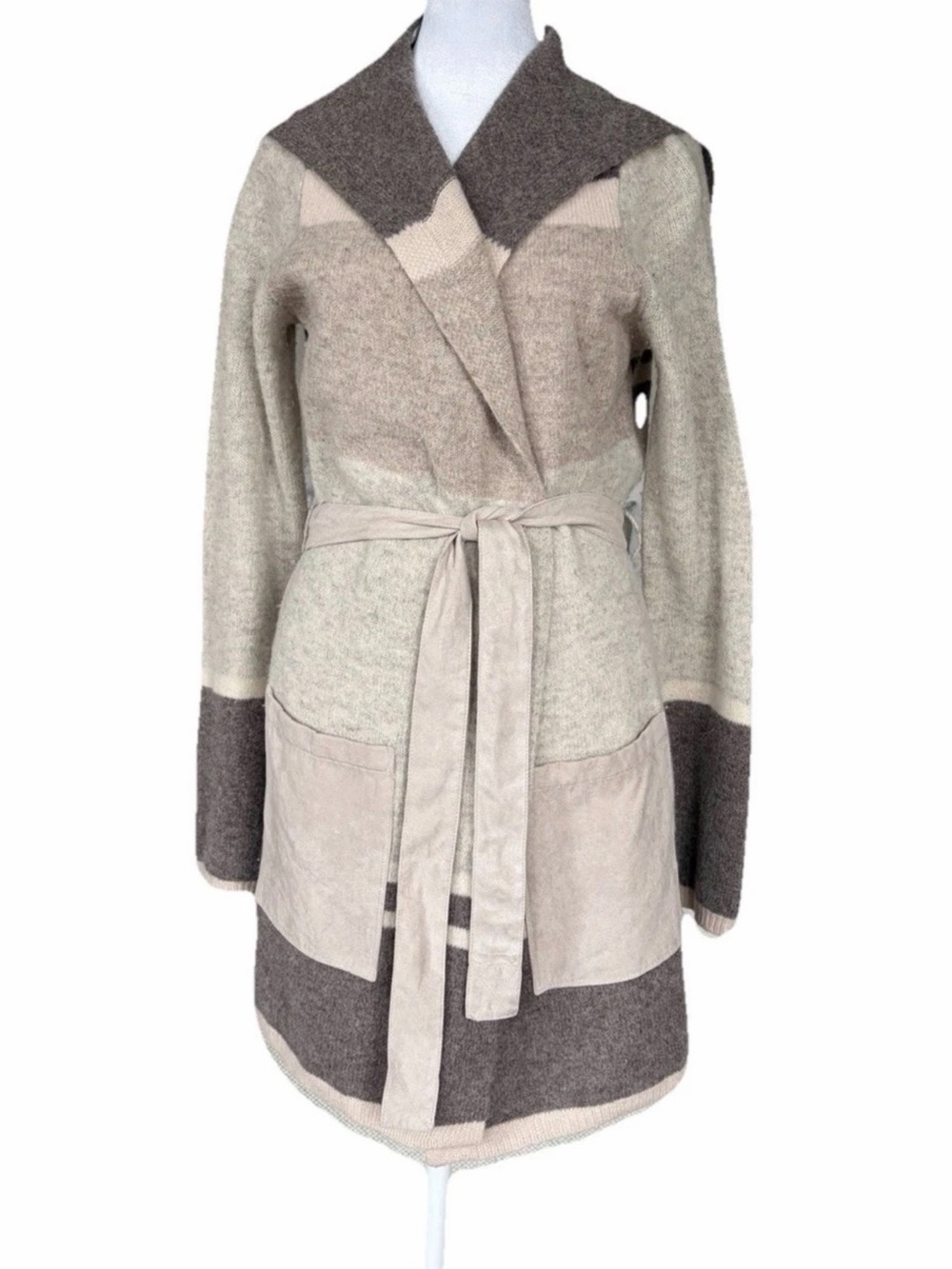 Angel Of The North Neutral Colorblock Wool-Blend Belted Cardigan